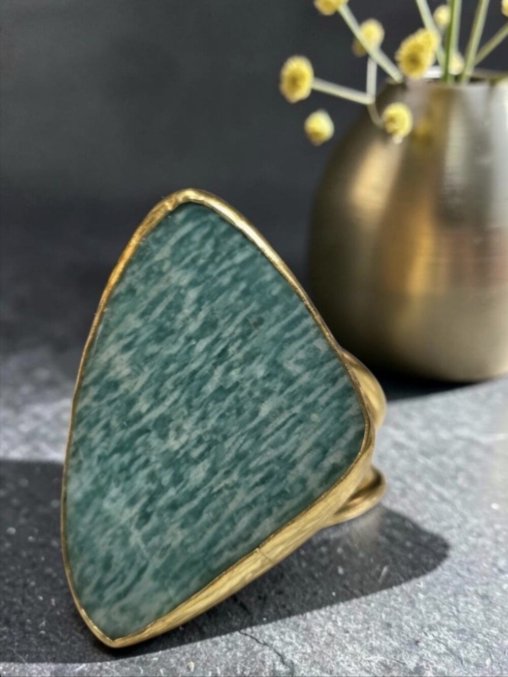 18k Gold Plated Artisan Big Genuine Amazonite Tranquility Harmony Stone Ring